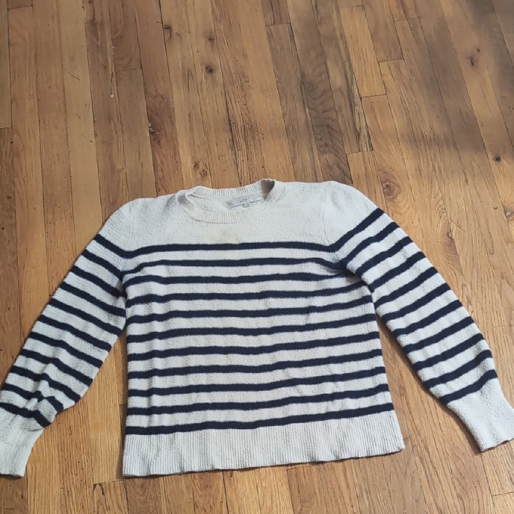 LOFT Blue and White Crewneck Sweater Striped Knit